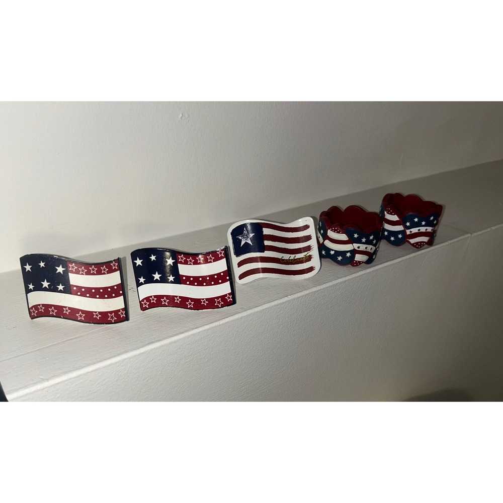 American Flag Napkin Rings Set of 5 Patriotic July 4th Metal and Resin Decor